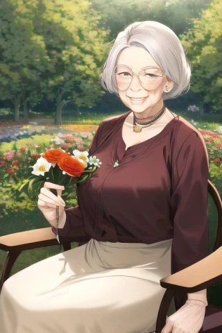 꽃, 웃음, 노인 여자